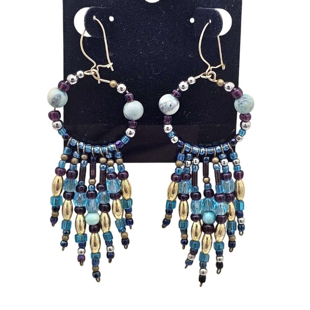 Vintage 14k Yellow Gold Blue Purple Gold Beaded Chandelier Earrings Pierced Hook